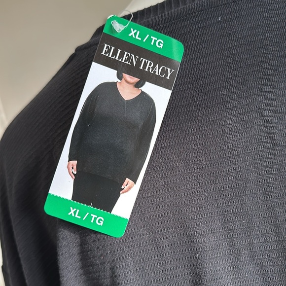 Ellen Tracy size XL ribbed, black, long sleeve V-neck shirt NWT slits I. Side - Picture 6 of 11